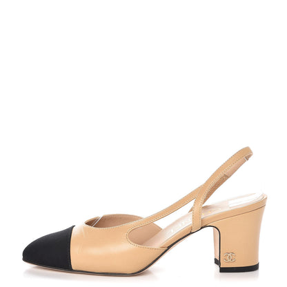 Chanel Goatskin Grosgrain Cap Toe CC Slingback Pumps 35.5 Beige Black 1 of 12