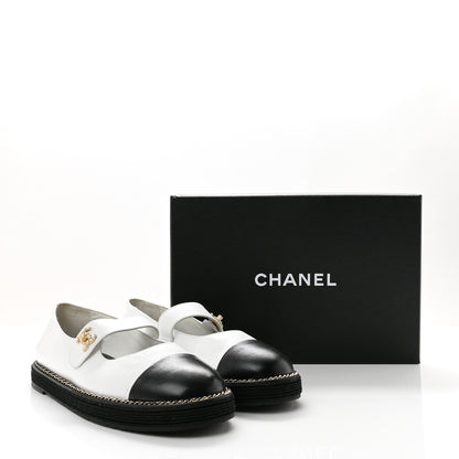 Chanel Crumpled Lambskin Cap Toe Chain CC Turnlock Mary Jane Flats 40 White Black 12 of 12