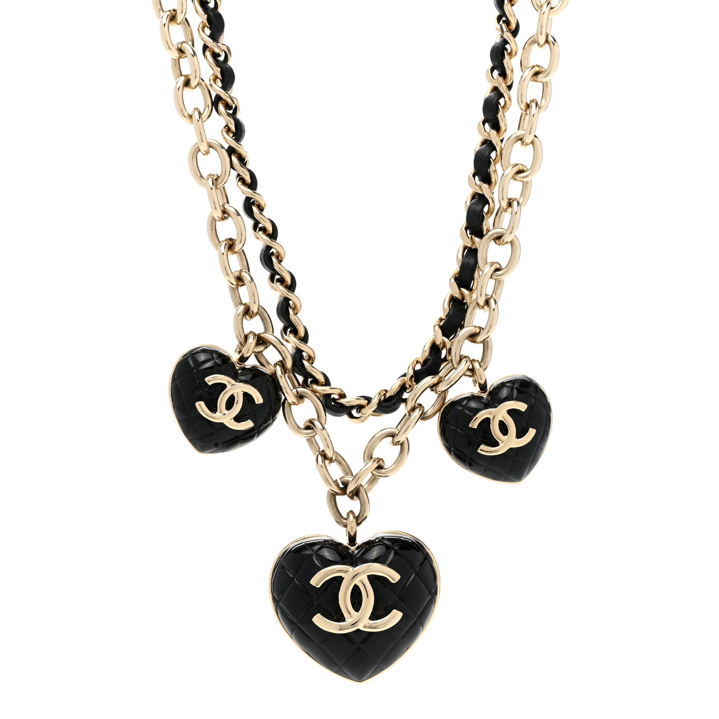 Metal Lambskin Resin Quilted CC Heart Necklace Black Gold
