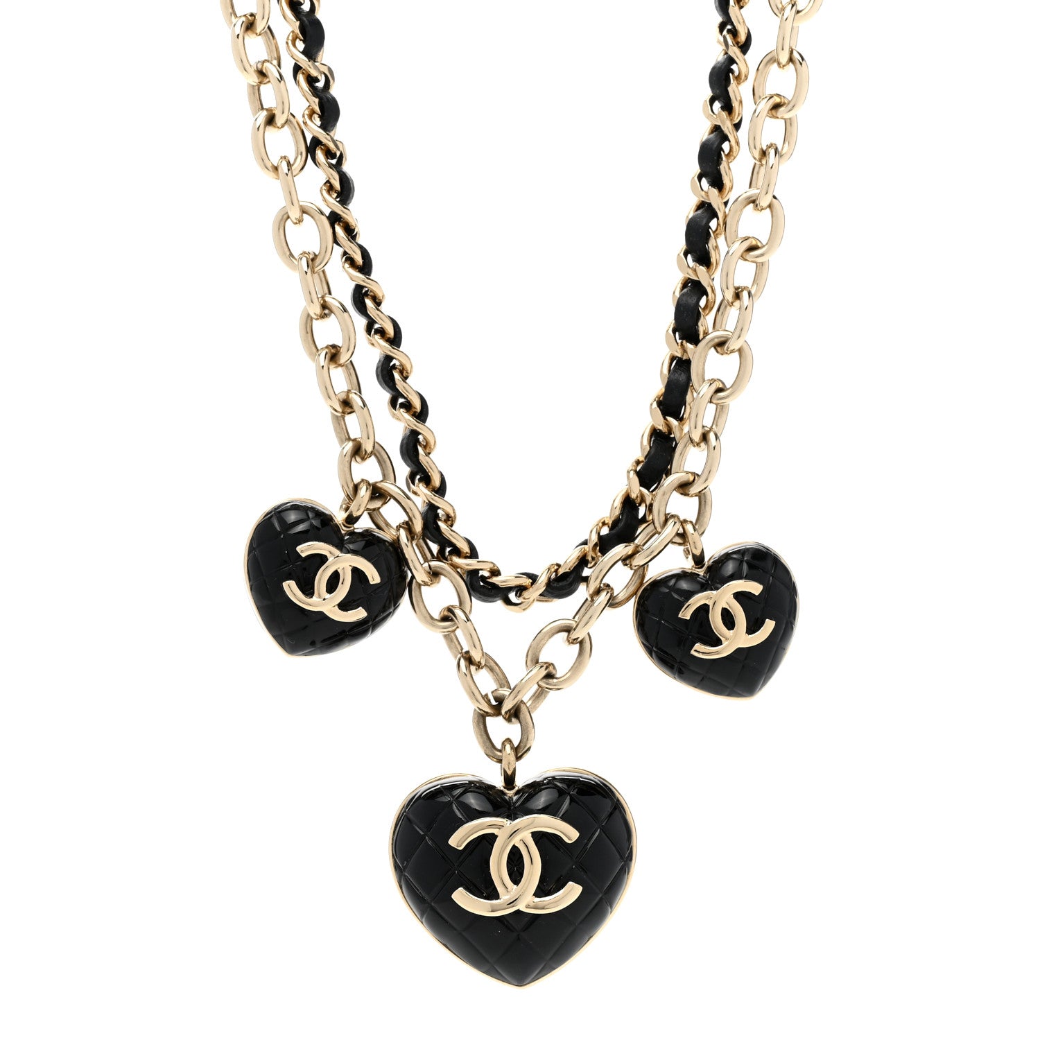 Chanel Metal Lambskin Resin Quilted CC Heart Necklace Black Gold 1 of 6