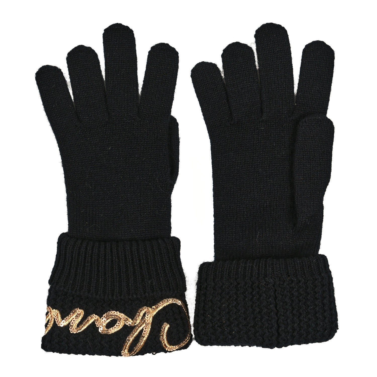Chanel Cashmere Sequin Logo Gloves Black Gold 2 of 3