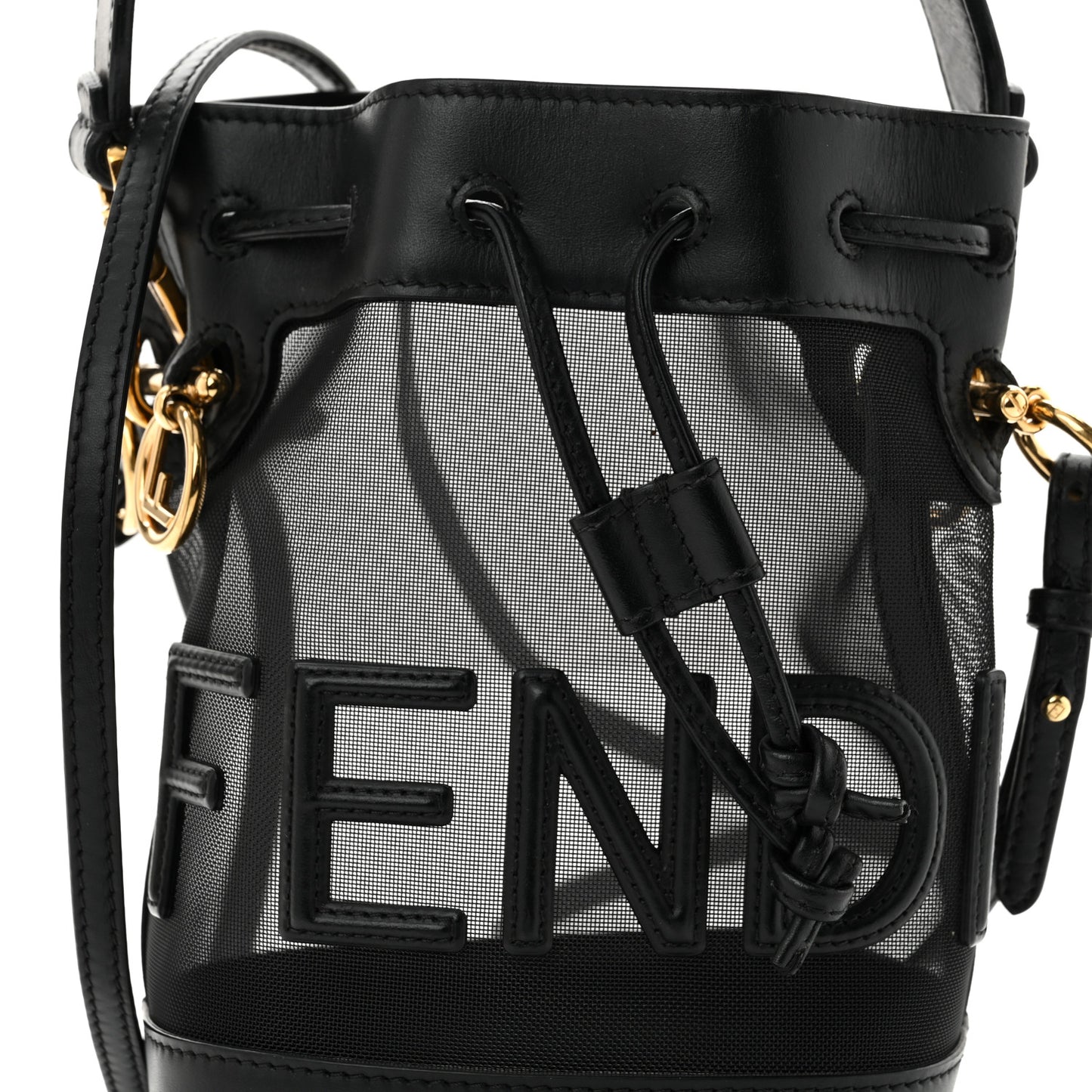 Mesh Vitello King F is Fendi Logo Embroidered Mini Mon Tresor Bucket Bag Black