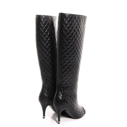 Chanel Leather Quilted CC Cap Toe Knee High Boots 38.5 Black 4 of 7