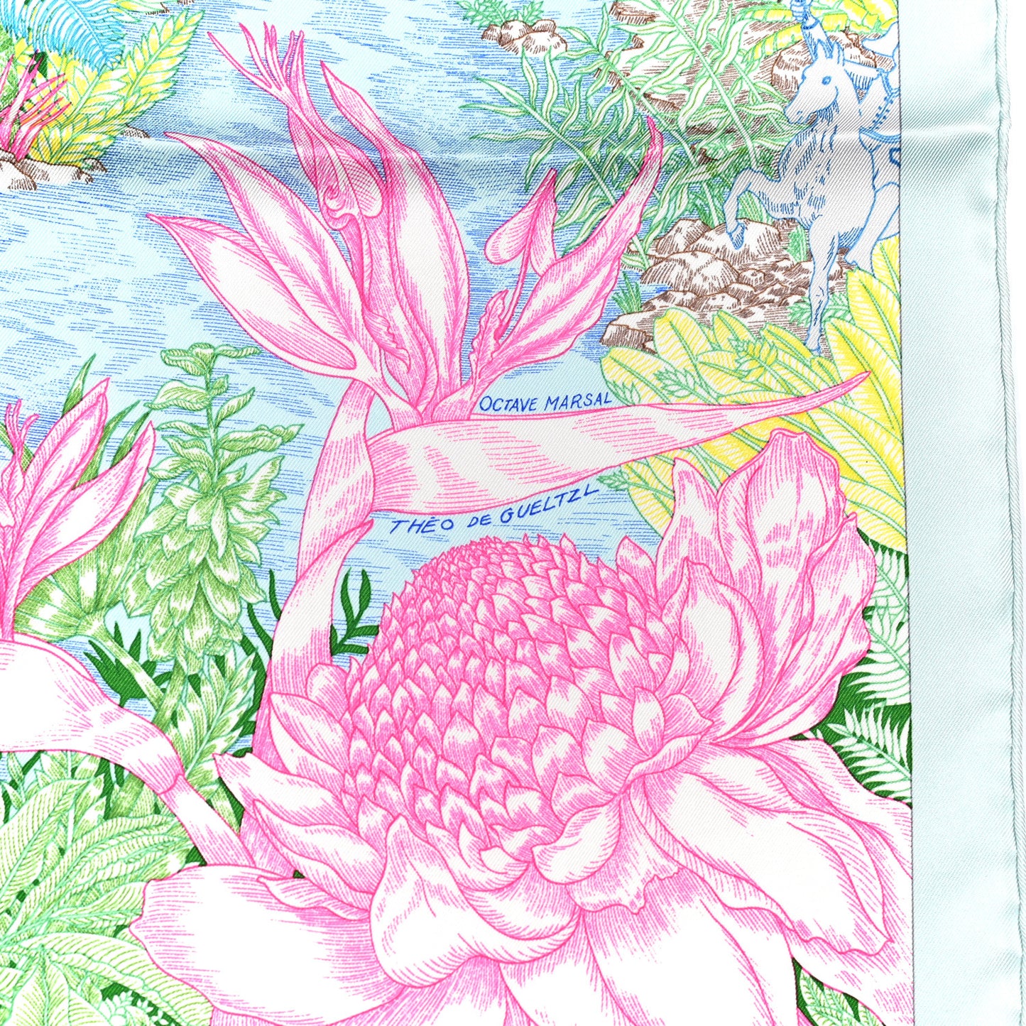 Silk Twill Faubourg Tropical Scarf 90 Bleu Vert Jaune