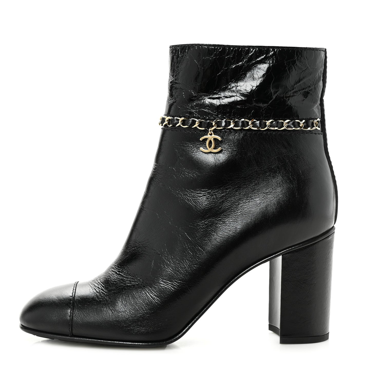 Crumpled Calfskin Cap Toe Chain Short Boots 40 Black