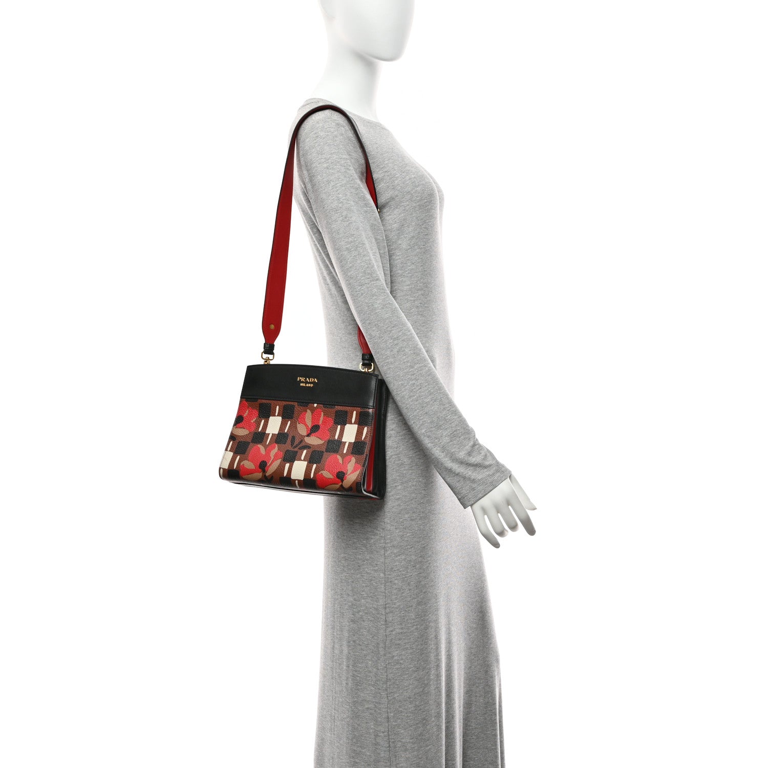 Prada Goatskin Floral Print Bibliotheque Shoulder Bag Tabacco