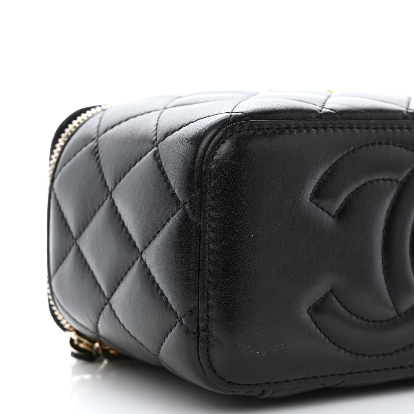 Lambskin Quilted Small Charming Top Handle Vanity Case With Chain Black
