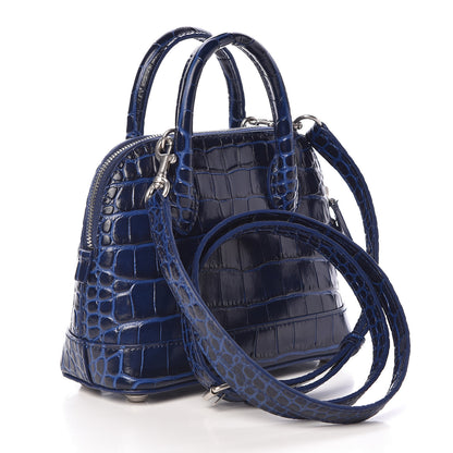 Balenciaga Shiny Calfskin Logo Crocodile Embossed XXS Ville Top Handle Bag Navy White 3 of 11