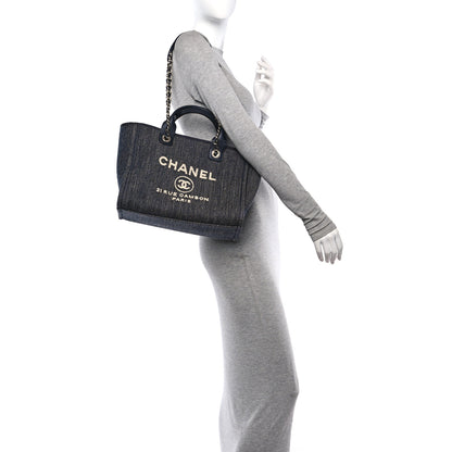 Chanel Denim Small Deauville Tote Dark Blue White 2 of 11
