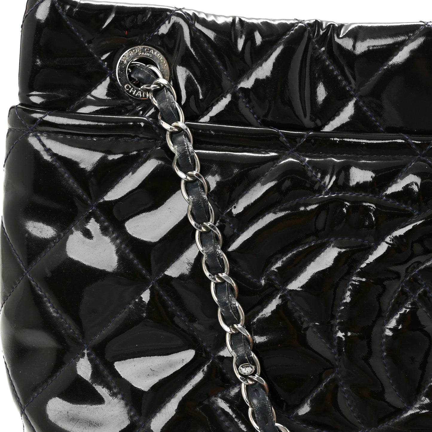 Patent Quilted Timeless CC Soft Tote Blue