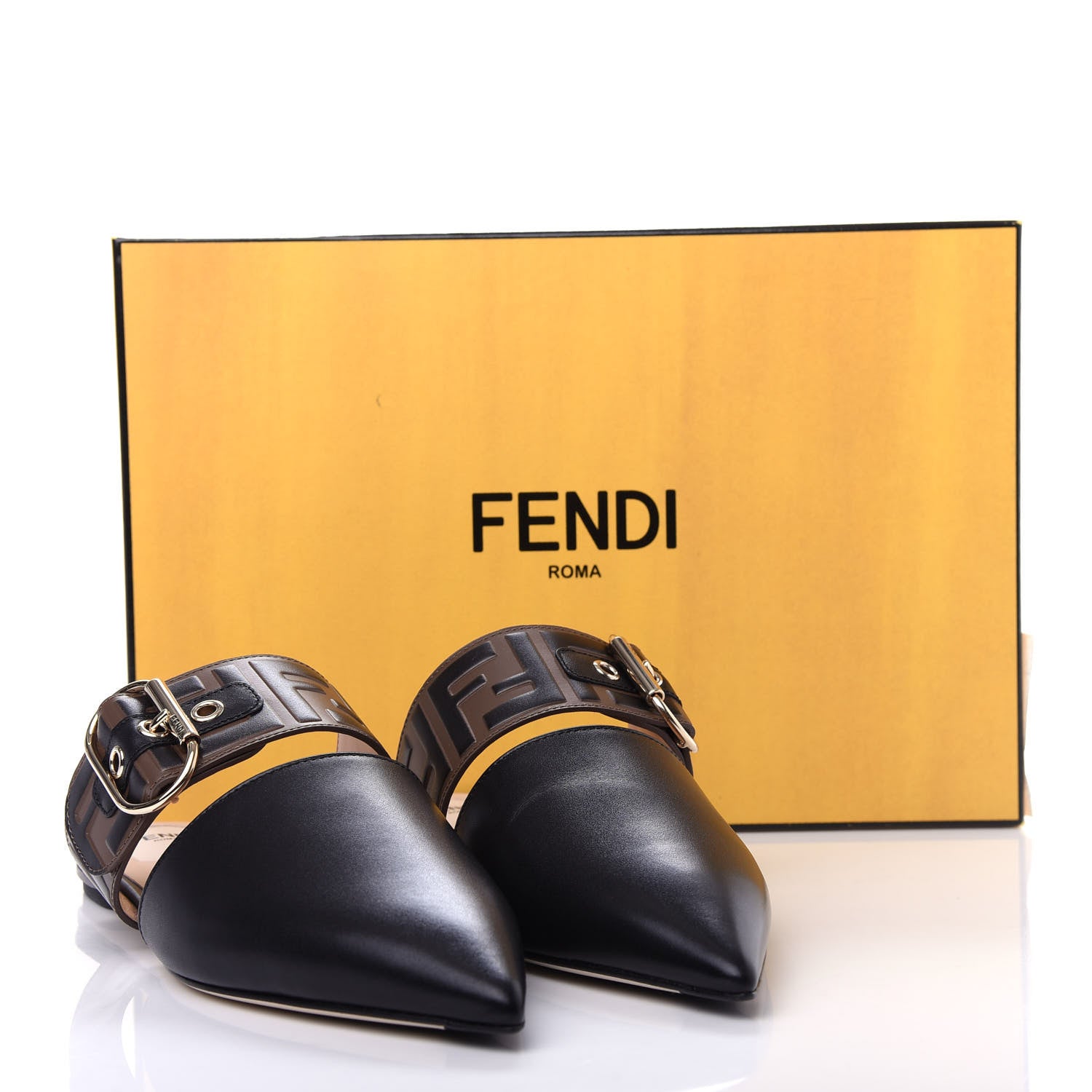 Fendi Vitello FF Embossed Buckle Flat Mules 37 Maya Black 10 of 10