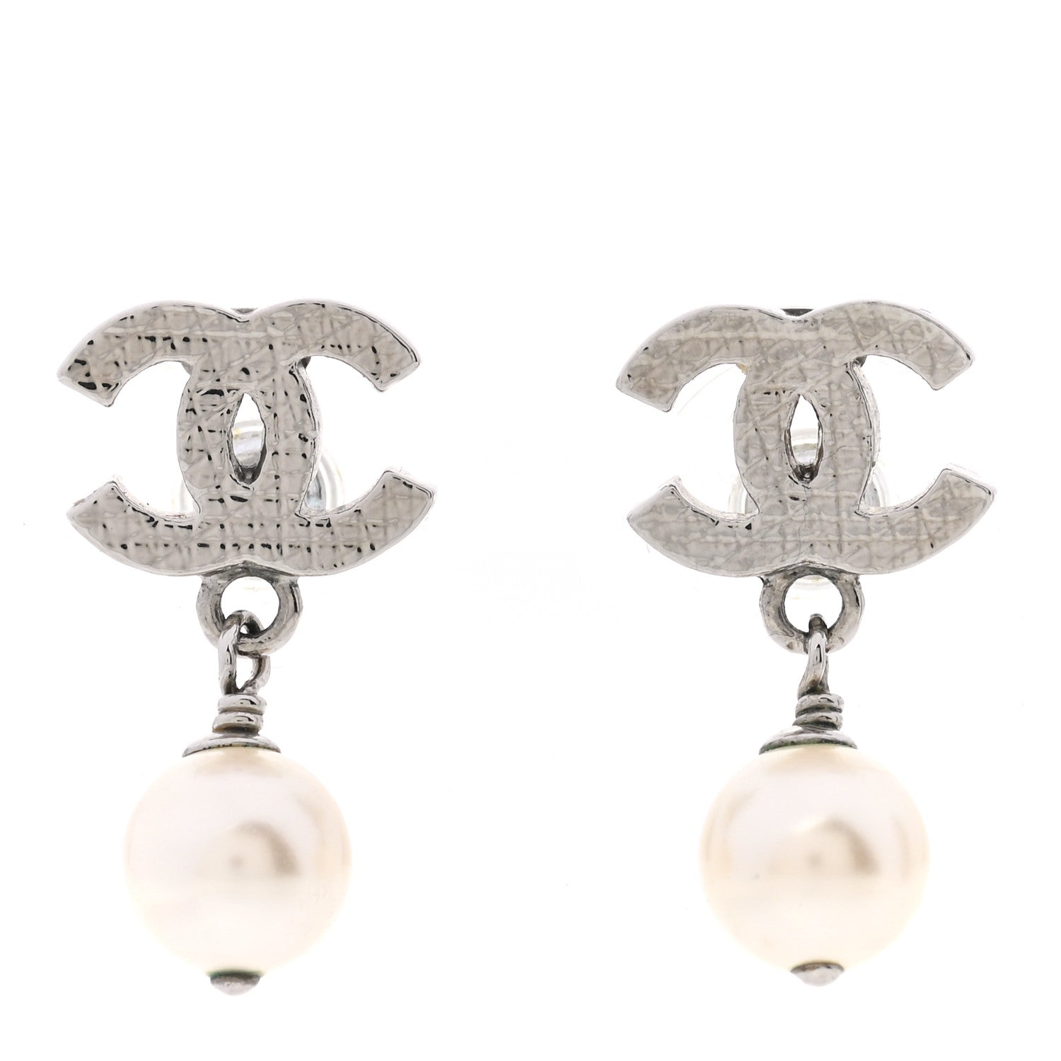 Chanel CC Pearl Drop Earrings Silver 1 of 5
