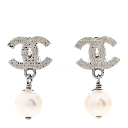 Chanel CC Pearl Drop Earrings Silver 1 of 5