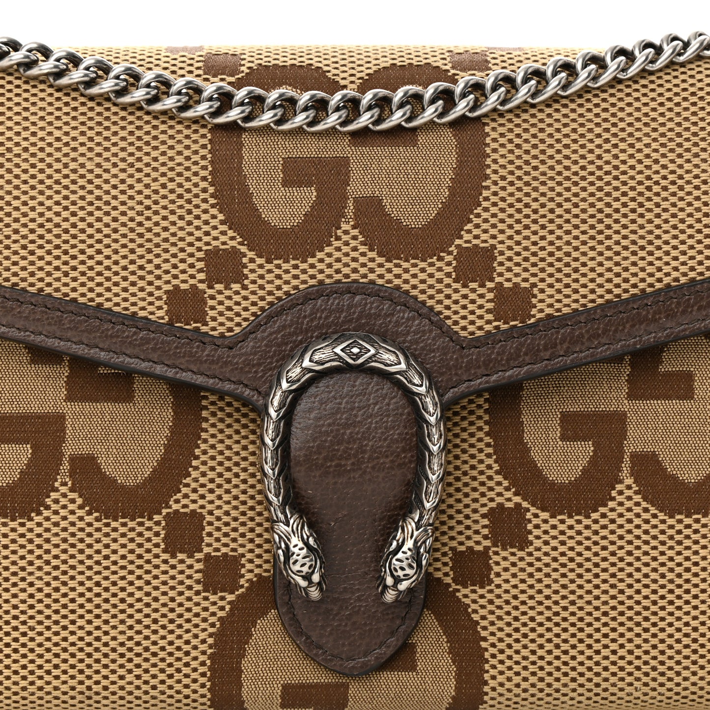 Monogram Jumbo GG Textured Dollar Calfskin Mini Dionysus Chain Wallet Camel Ebony New Acero