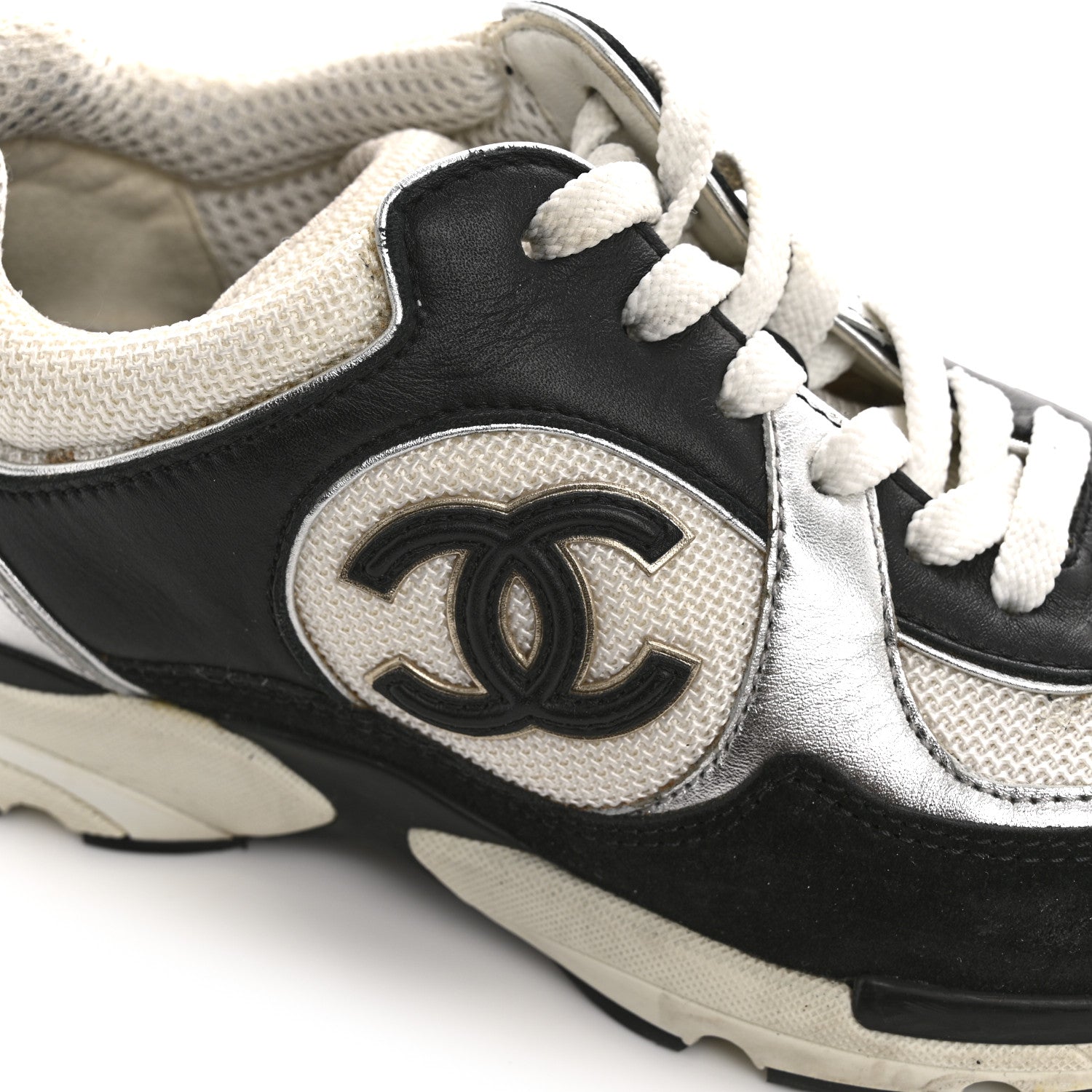 Chanel Mesh Suede Calfskin Grained Calfskin Womens CC Sneakers 35 Black White Silver 11 of 12
