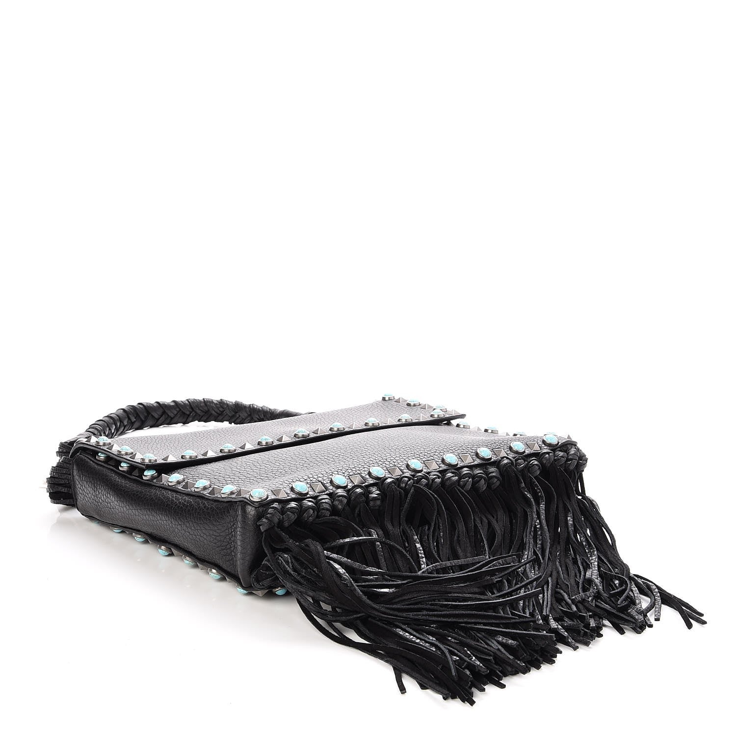Valentino Garavani Pebbled Calfskin Rockstud Rolling Fringe Messenger Black 4 of 6