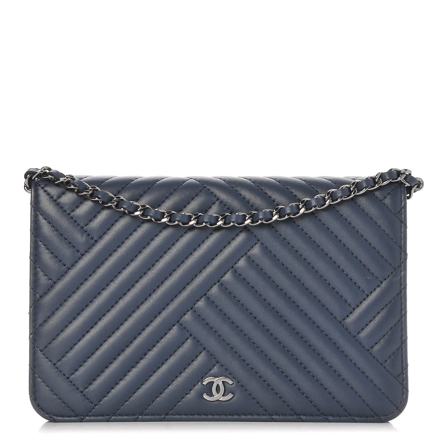 Lambskin Quilted CC Crossing Wallet On Chain WOC Blue
