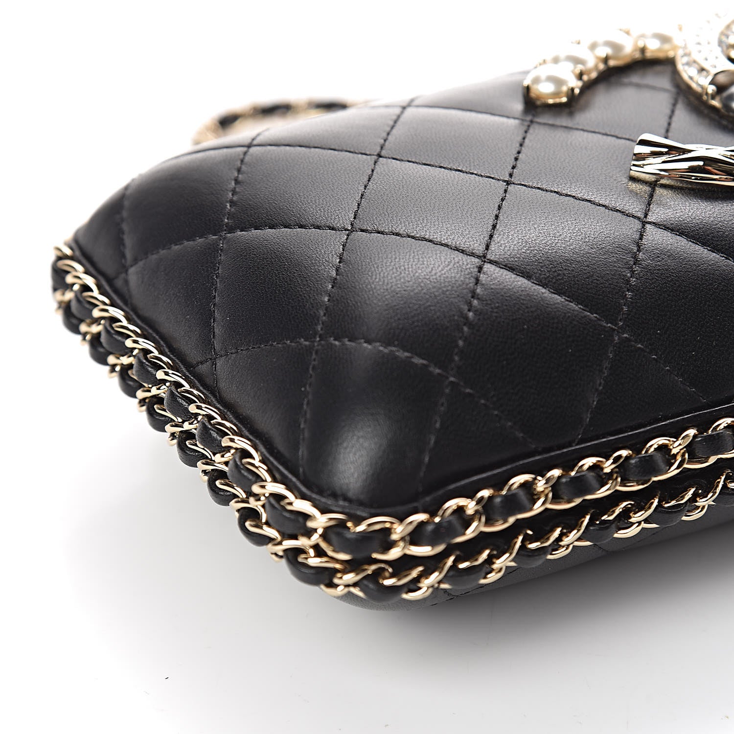 Chanel Lambskin Quilted Pearl Crystal Chain Around Clutch Black 8 of 10