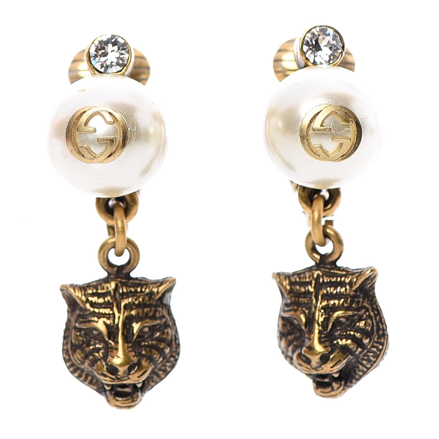 Gucci Metal Crystal Resin Pearl Feline Clip On Earrings Aged Gold 1 of 4