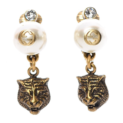 Gucci Metal Crystal Resin Pearl Feline Clip On Earrings Aged Gold 1 of 4