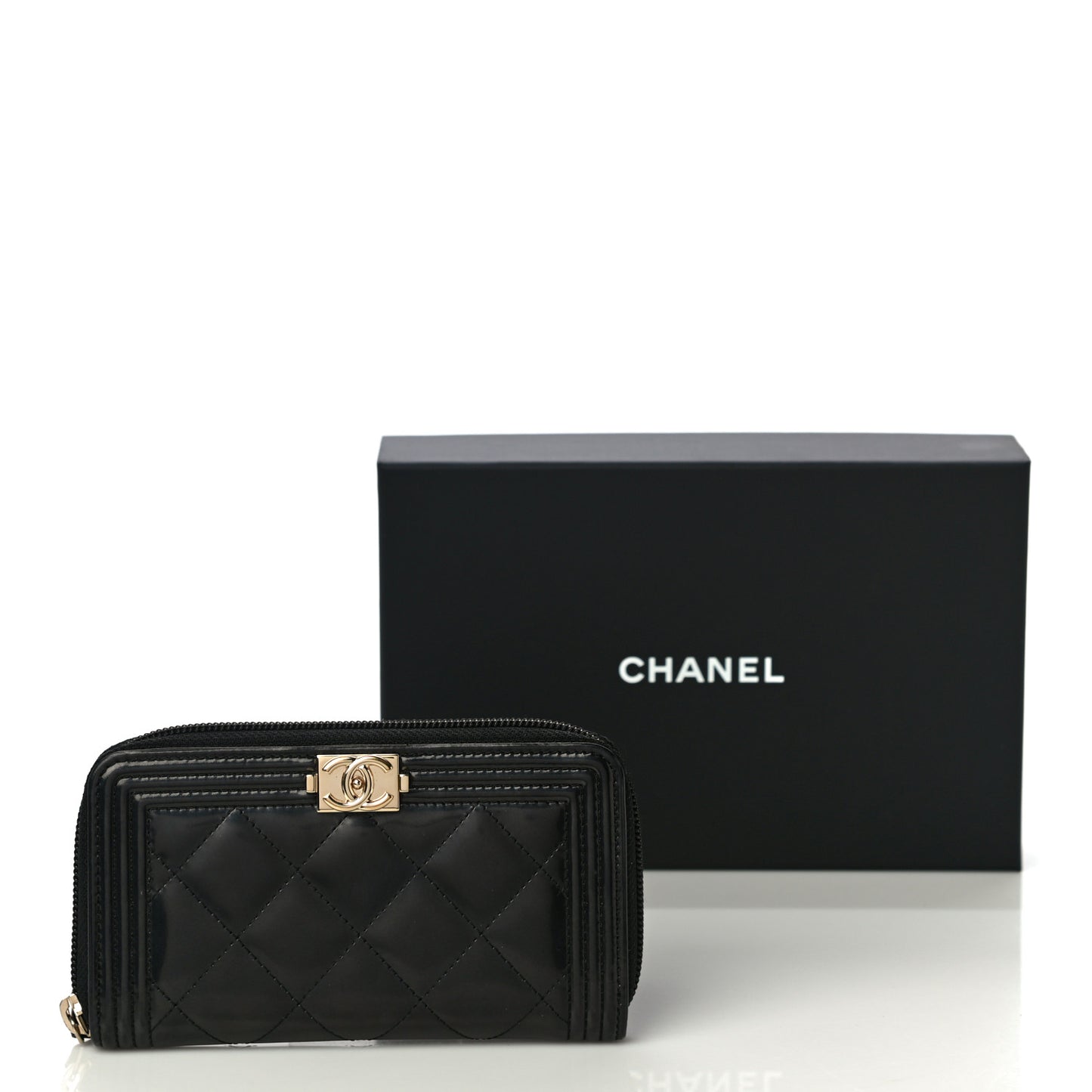 Glazed Calfskin Quilted Small Boy Zip Around Wallet Black
