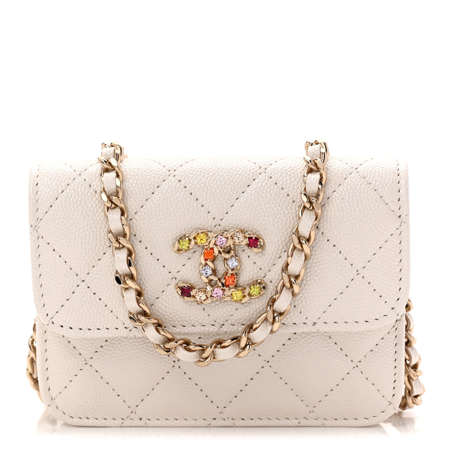 Chanel Caviar Quilted Crystal CC Clutch With Chain White 1 of 11
