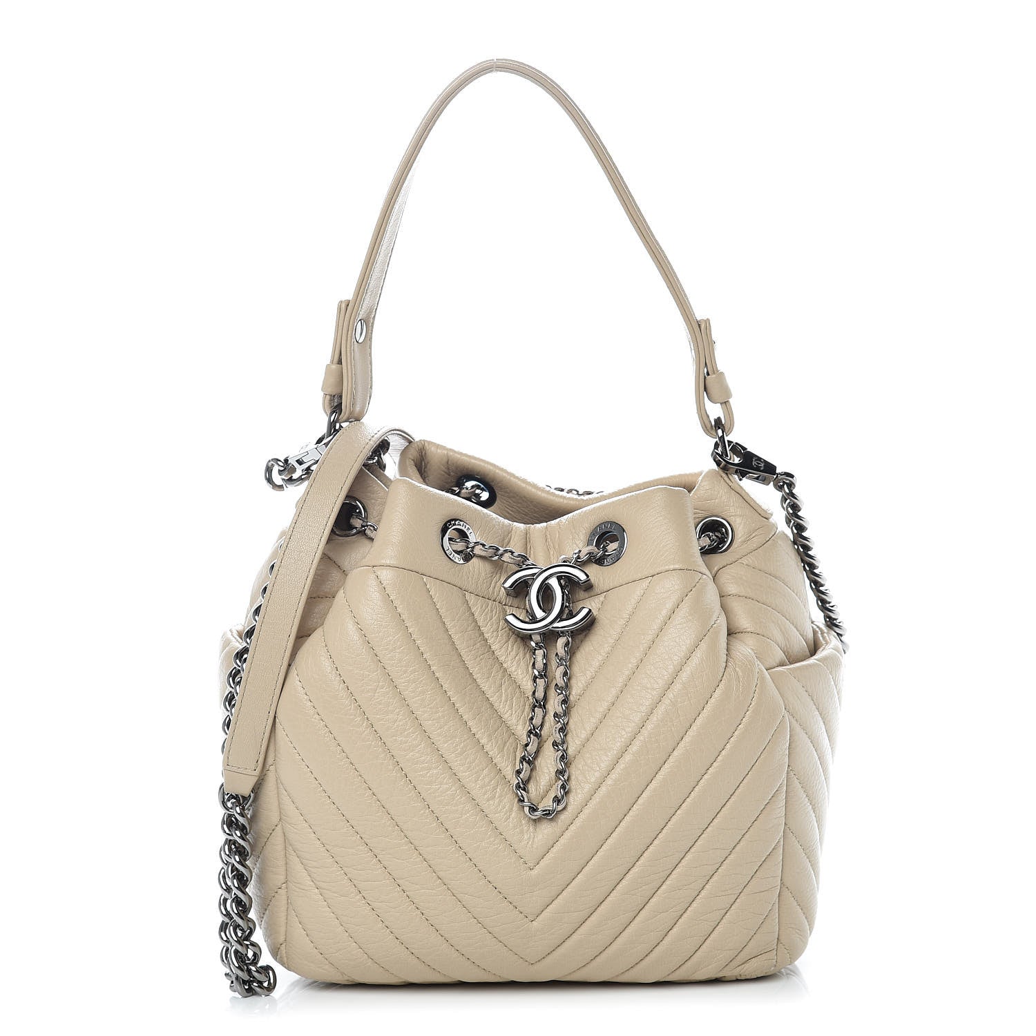 Chanel Deerskin Chevron Small CC Chain Bucket Bag Beige 1 of 14