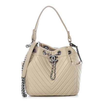Chanel Deerskin Chevron Small CC Chain Bucket Bag Beige 1 of 14