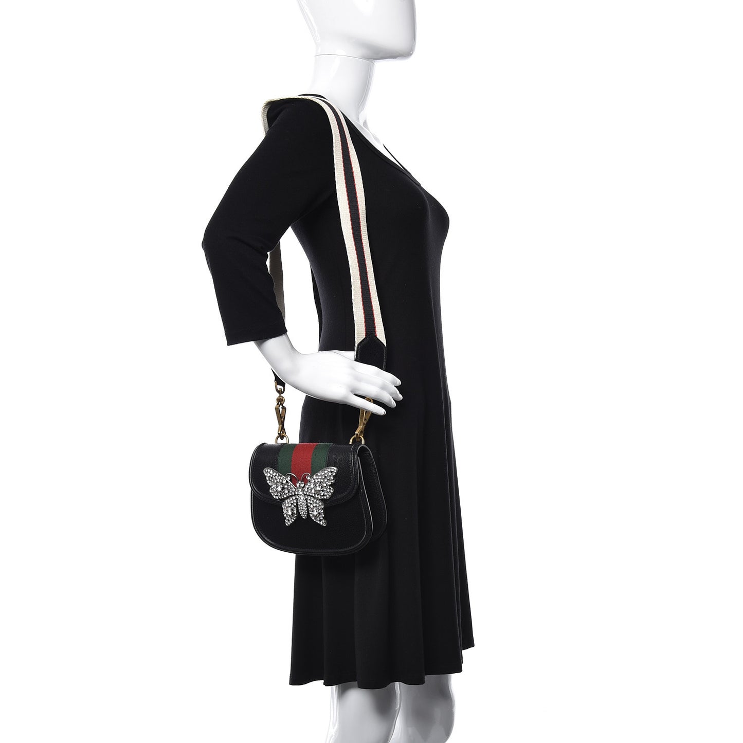 Calfskin Web Crystal Butterfly Stripe Small Totem Shoulder Bag Black