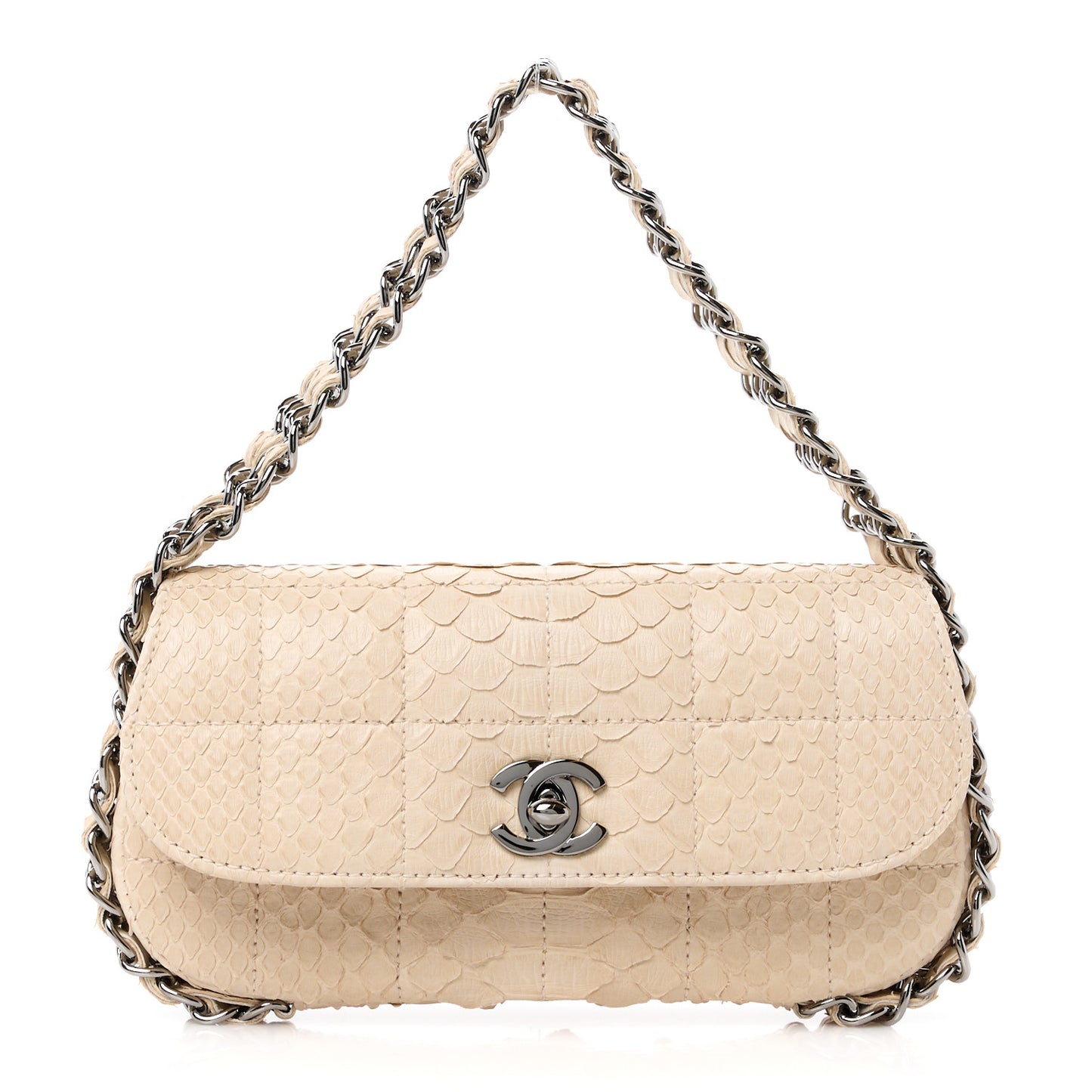 Snakeskin 3 Chain Flap Beige Clair
