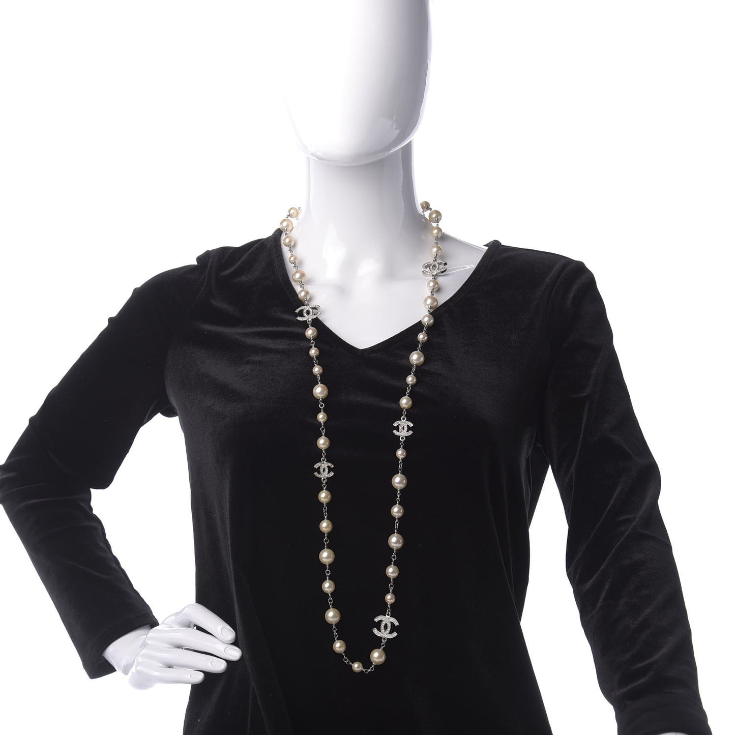 Crystal Pearl CC Long Necklace Silver