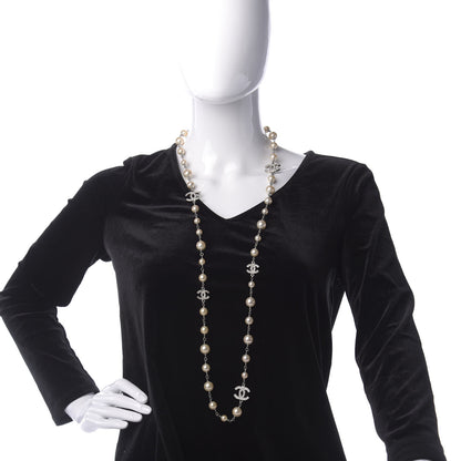 Chanel Crystal Pearl CC Long Necklace Silver 2 of 9