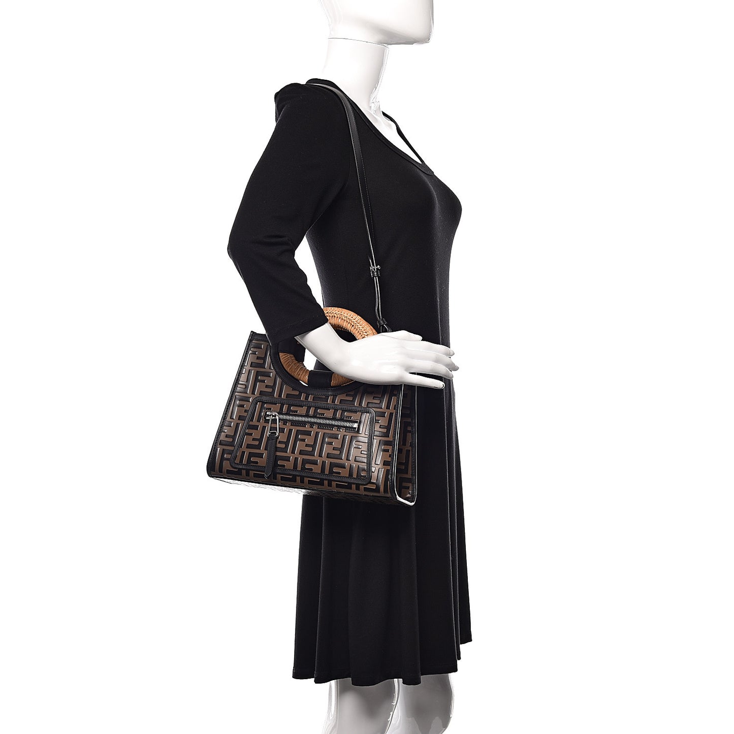 Vitello Century Wicker Bi-Color FF 1974 Embossed Small Runaway Shopper Tote Maya Black