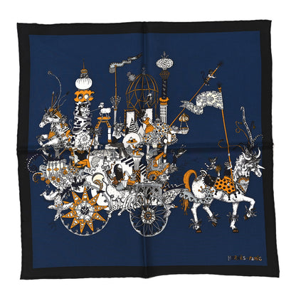 Hermes Silk La Folle Parade Zoom Pocket Square Scarf Bleu Nuit Gold White 1 of 4