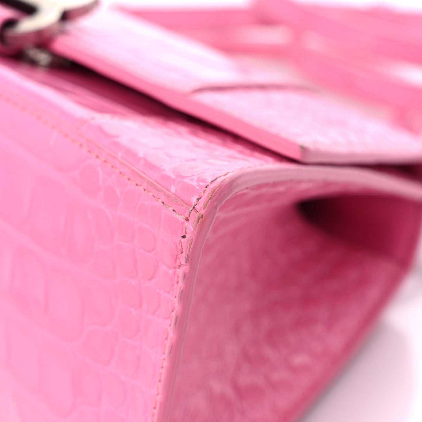 Shiny Calfskin Crocodile Embossed Small Hourglass Top Handle Bag Baby Pink