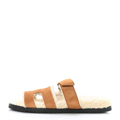 Hermes Suede Goatskin Woolskin Womens Chypre Sandals 40 Golden Beige 1 of 8
