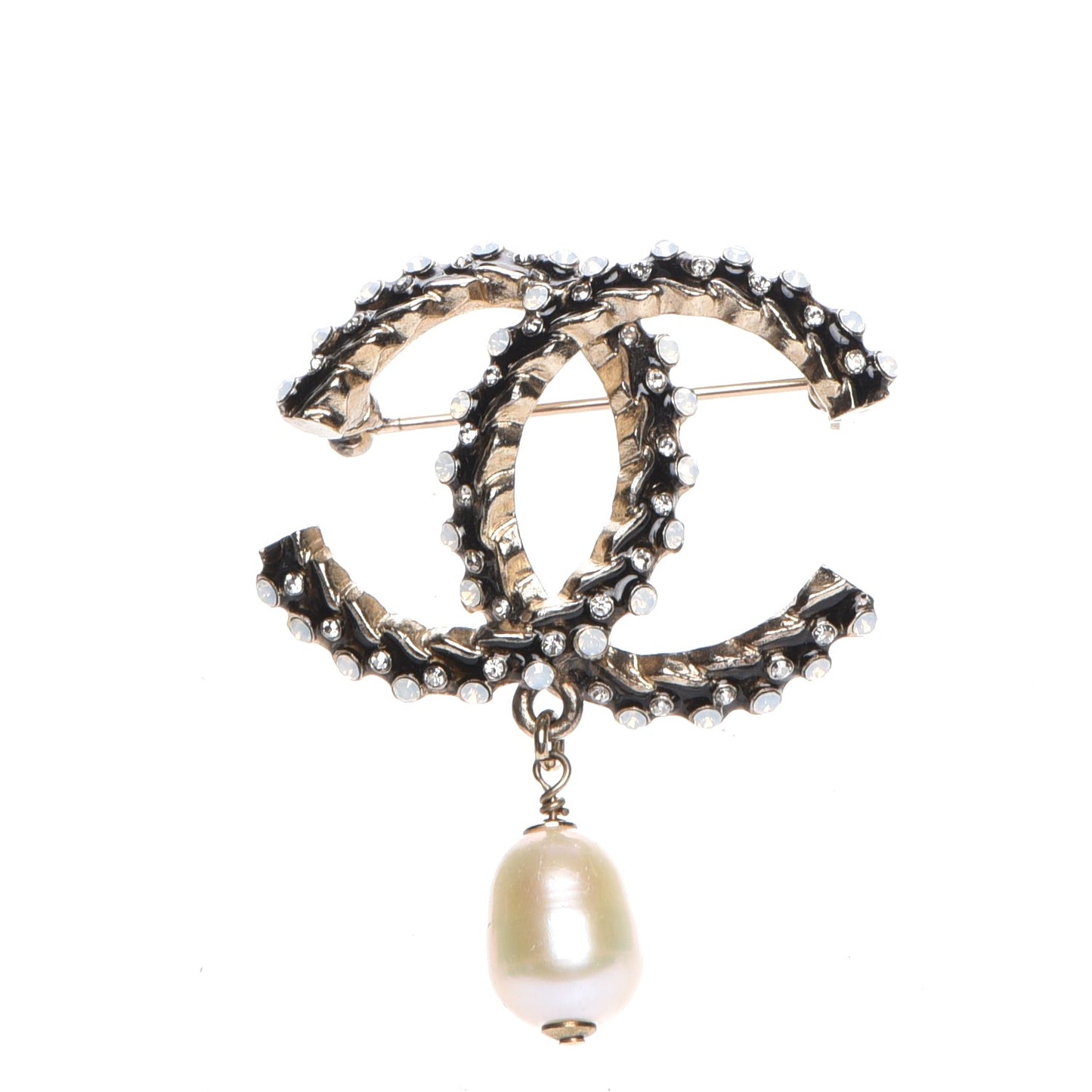 Crystal Pearl Drop CC Brooch Gold