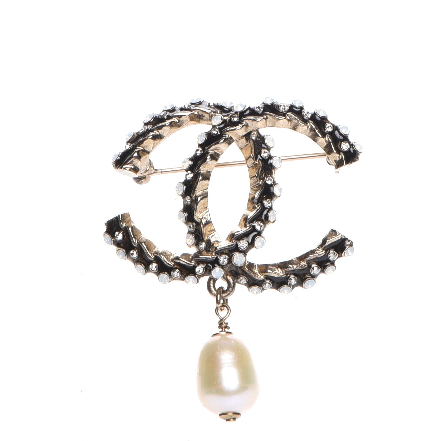 Chanel Crystal Pearl Drop CC Brooch Gold 1 of 4