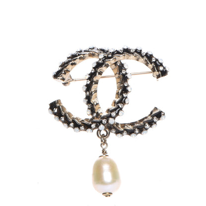 Chanel Crystal Pearl Drop CC Brooch Gold 1 of 4