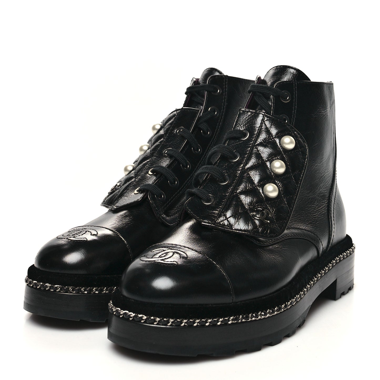 Crackled Calfskin Velvet Pearl Combat Short Boots 37.5 Black