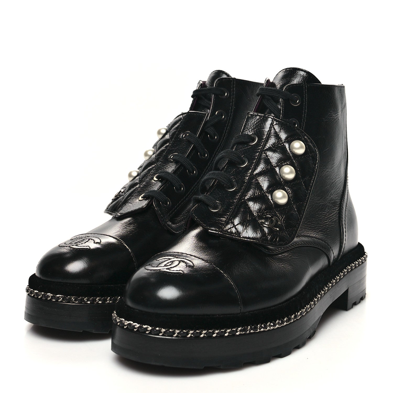 Chanel Crackled Calfskin Velvet Pearl Combat Short Boots 37.5 Black 3 of 9