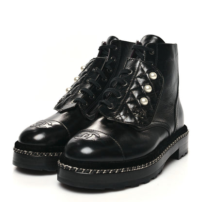 Chanel Crackled Calfskin Velvet Pearl Combat Short Boots 37.5 Black 3 of 9