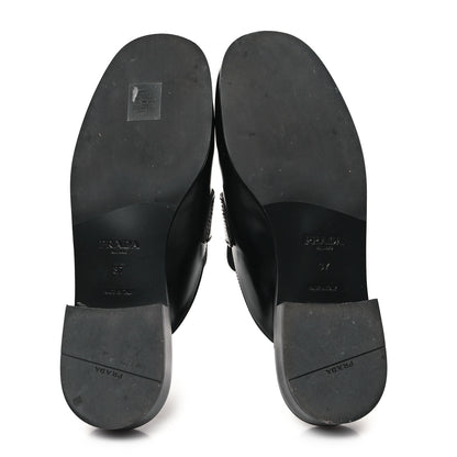 Prada City Calfskin Metal Triangle Logo 20mm Flat Mules 37 Black 6 of 9
