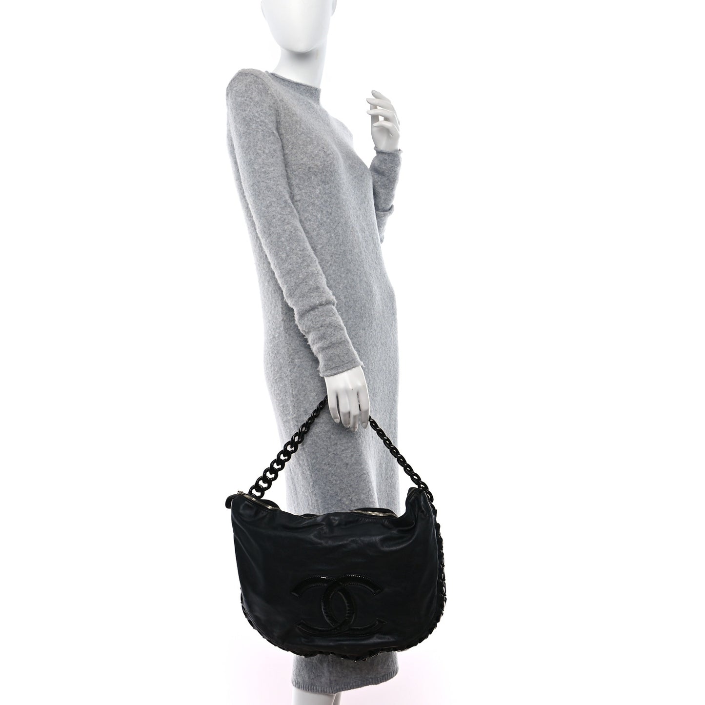 Calfskin Modern Chain Rhodoid Hobo Black