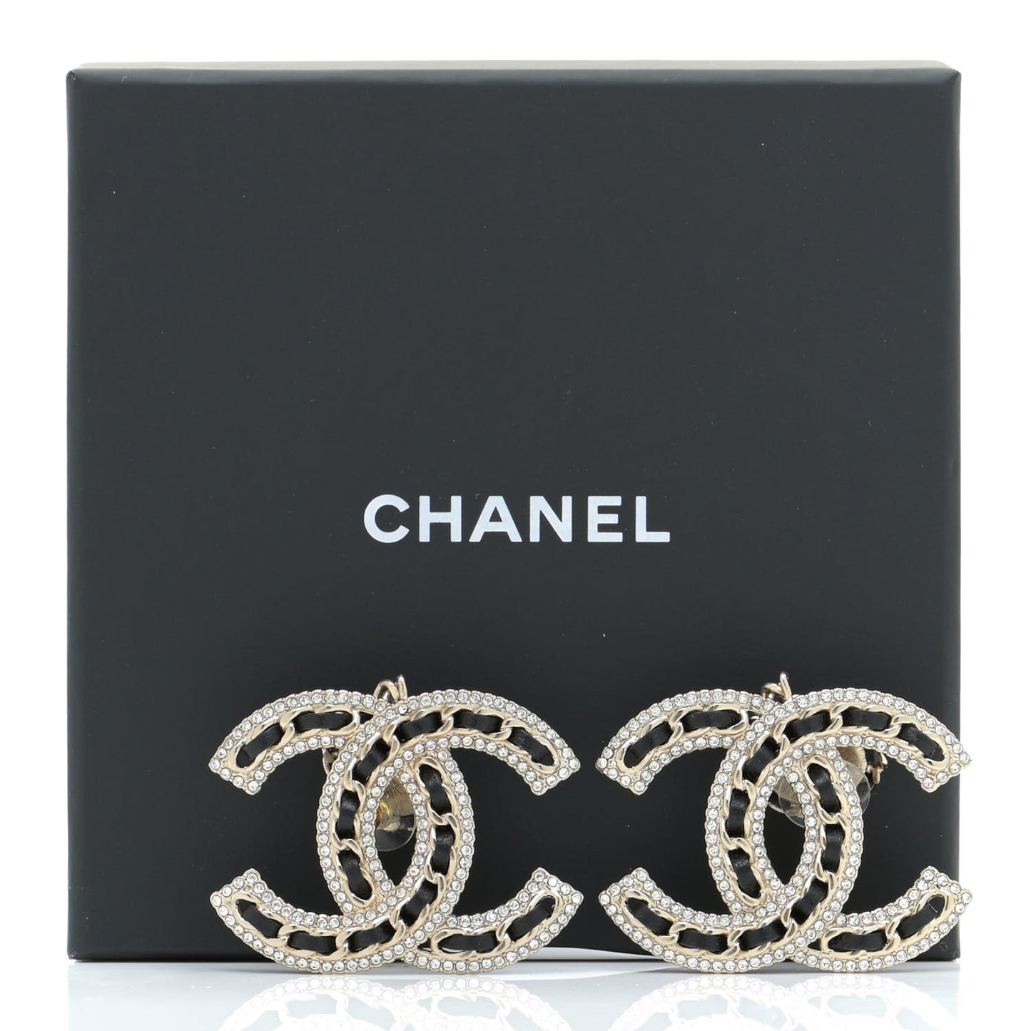 Pearl Lambskin Crystal Chain CC Drop Earrings Black Gold