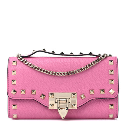 Valentino Garavani Pebbled Calfskin Rockstud Flip Lock Wallet On Chain Dawn Pink 1 of 9
