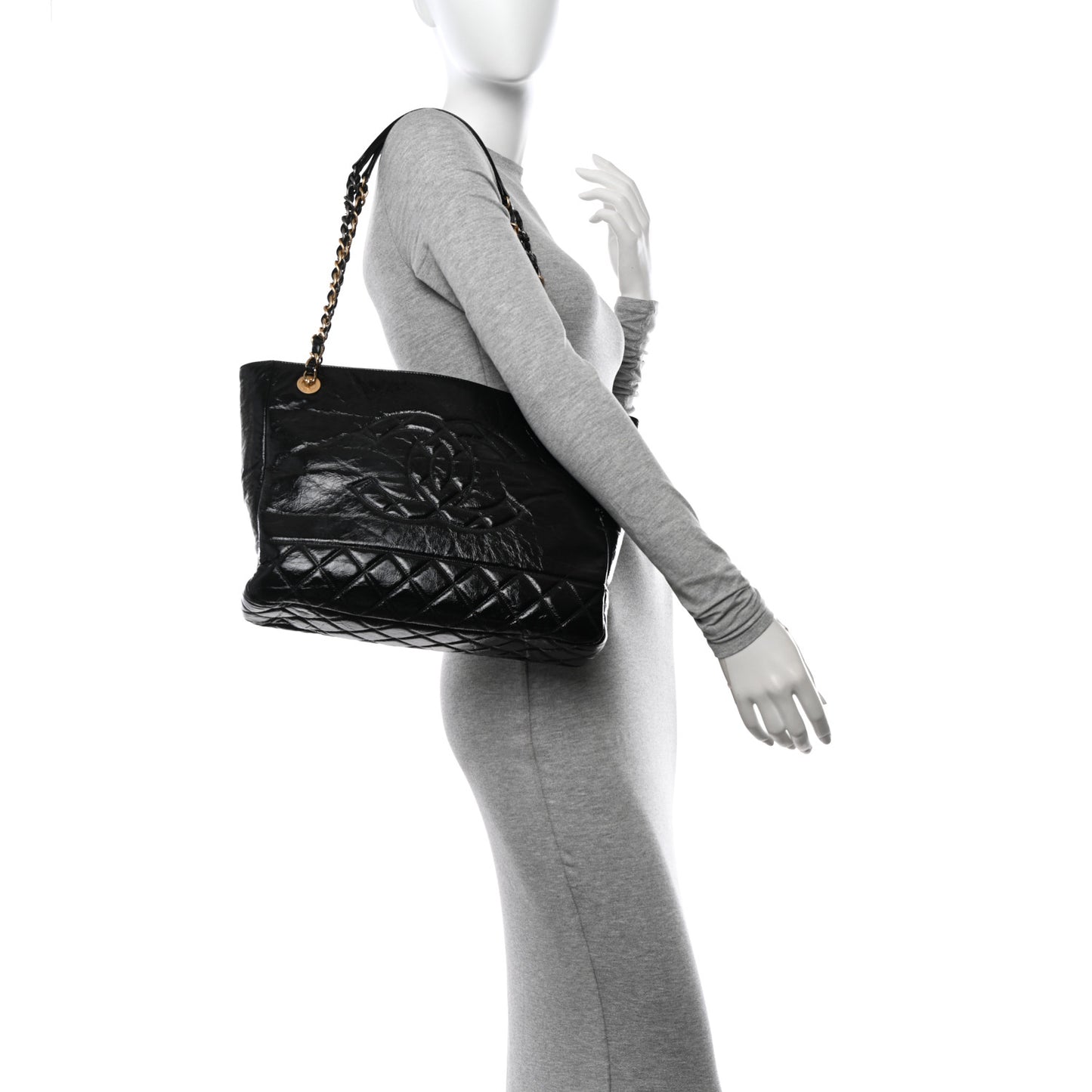 Shiny Aged Calfskin Quilted Small Shopping Bag Black