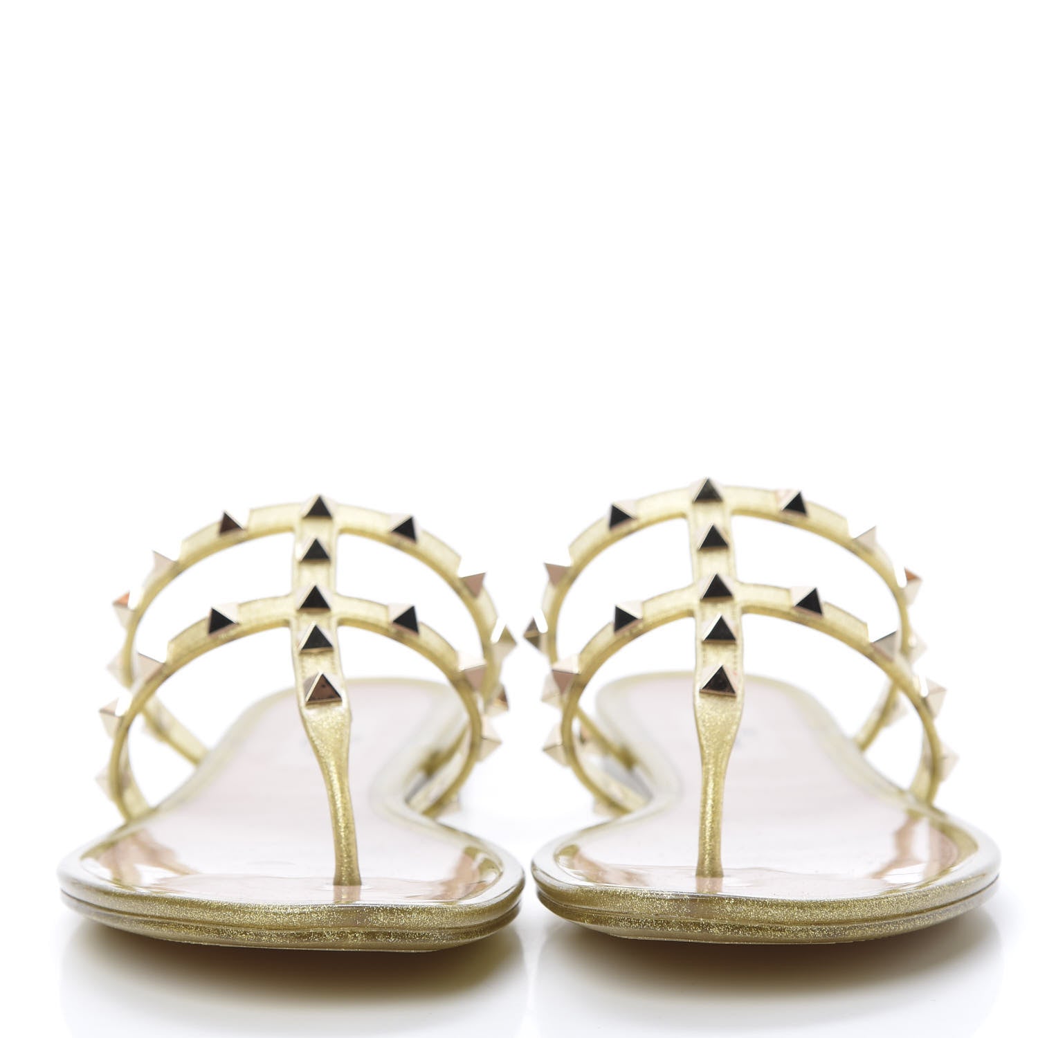Valentino Garavani PVC Jelly Glitter Rockstud Caged Flat Thong Sandals 40 Oro 2 of 8