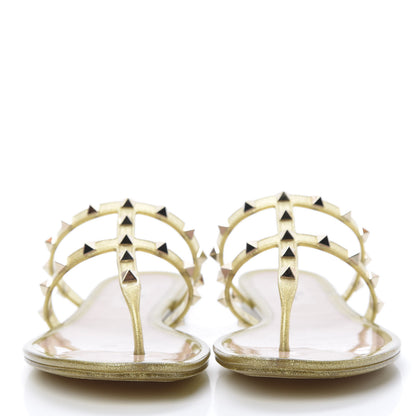 Valentino Garavani PVC Jelly Glitter Rockstud Caged Flat Thong Sandals 40 Oro 2 of 8