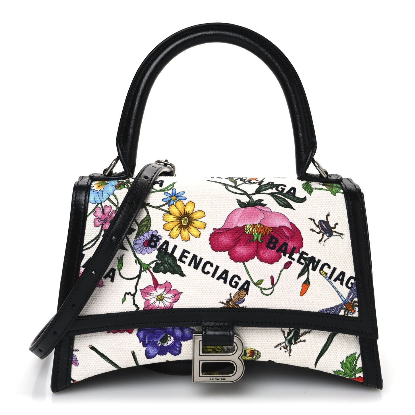 X GUCCI Canvas Boarded Plutone Calfskin Flora Logo Print Small Hourglass Top Handle Bag White Multicolor Black
